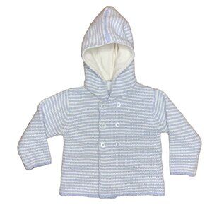NEXT Knitted Baby Cardigan 12-18 Mos Hooded Blue Stripes Double Breasted Sweater